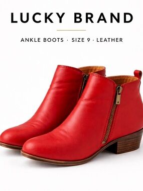 Lucky Brand Red Leather Ankle Boots Size 9M Double Zip Low Heel Booties